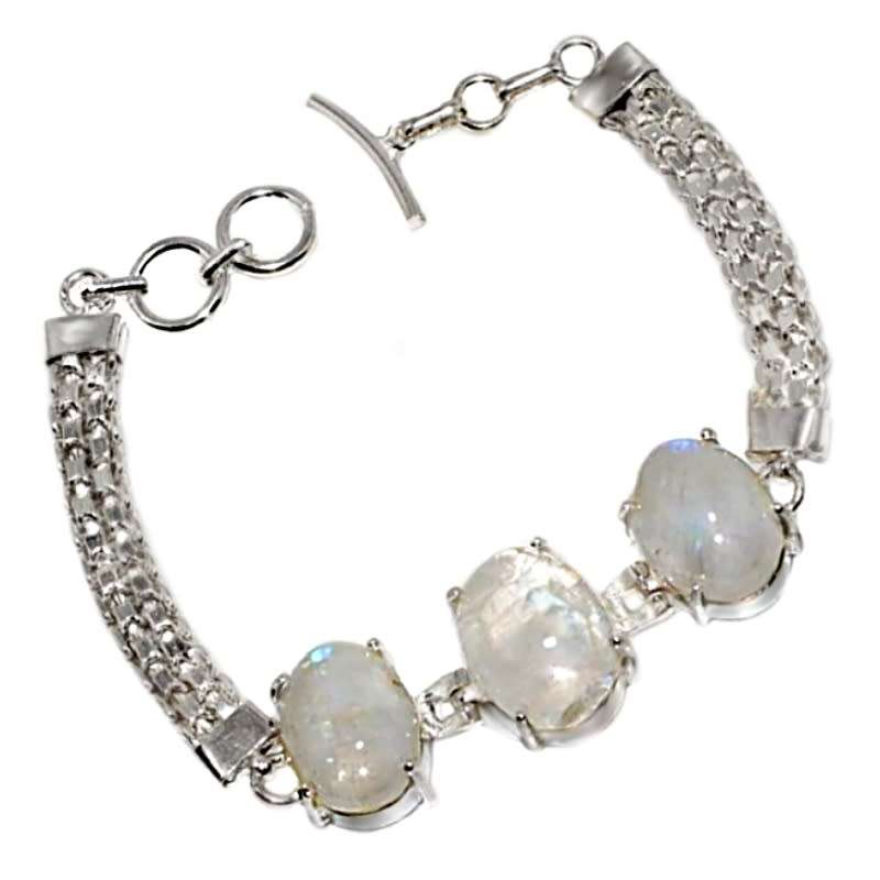 Natural Rainbow Moonstone Oval Gemstones set in .925 Sterling Silver  Plated Handmade Bracelet