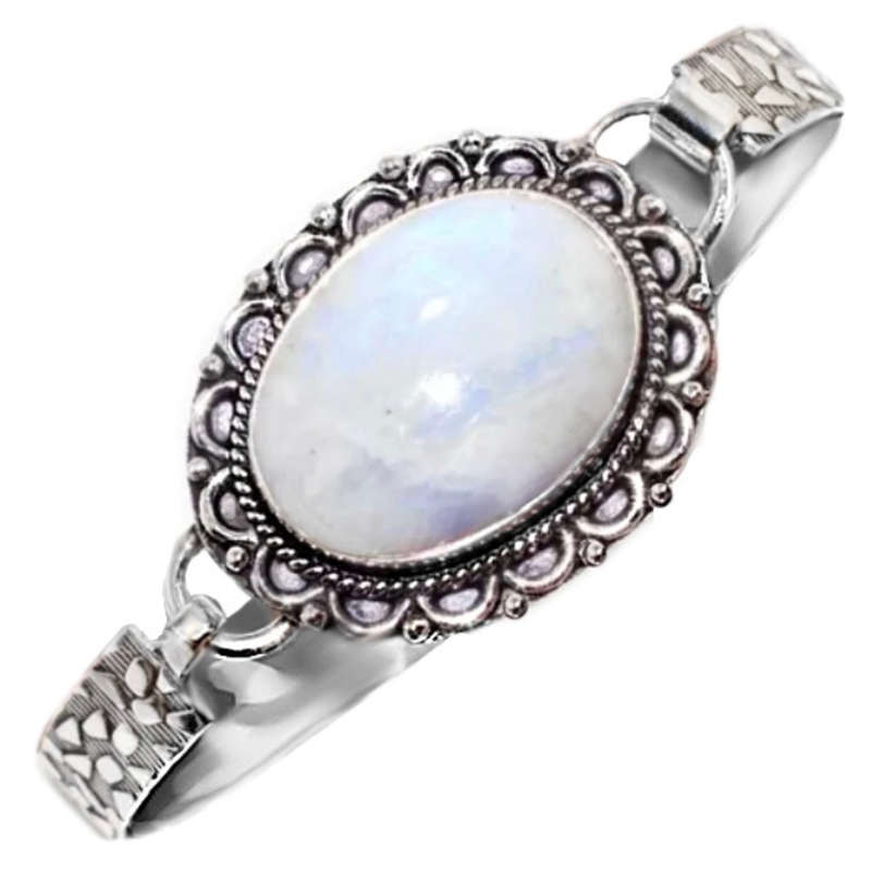 Natural Rainbow Moonstone Oval Gemstone set in .925 Sterling Silver Antique Style Bangle