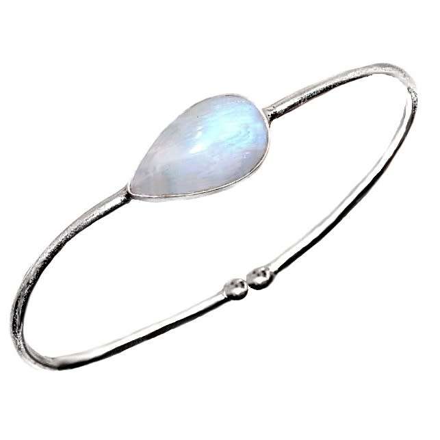 Natural Rainbow Moonstone Pear Shape Gemstone .925 Sterling Silver Plated Adjustable Bangle