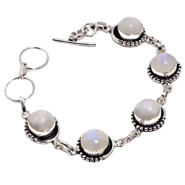Natural Rainbow Moonstone Round Gemstones set in .925 Sterling Silver Plated Handmade Bracelet