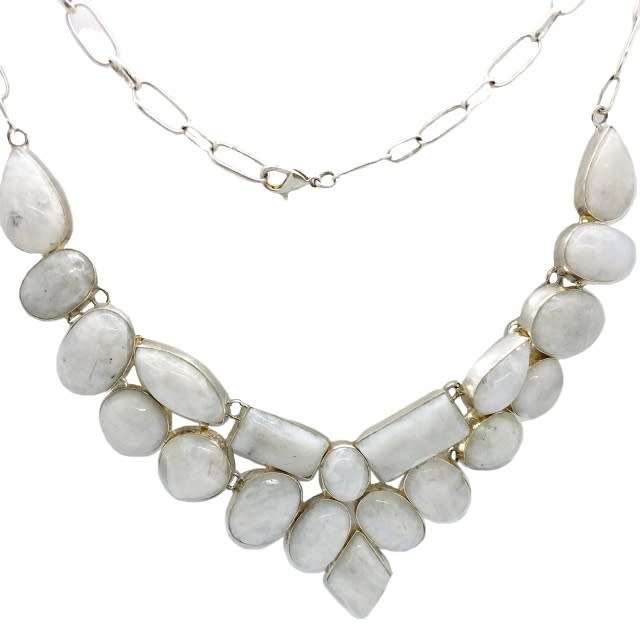 Hot Price- Breathtaking Natural Blue Schiller Mixed Shapes Moonstone.925 Sterling Silver Necklace