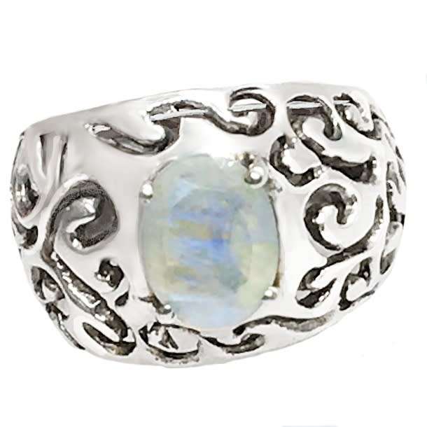 Indonesian Bali- Java Natural Rainbow Moonstone Solid .925 Sterling Silver Ring Size US 7 or O