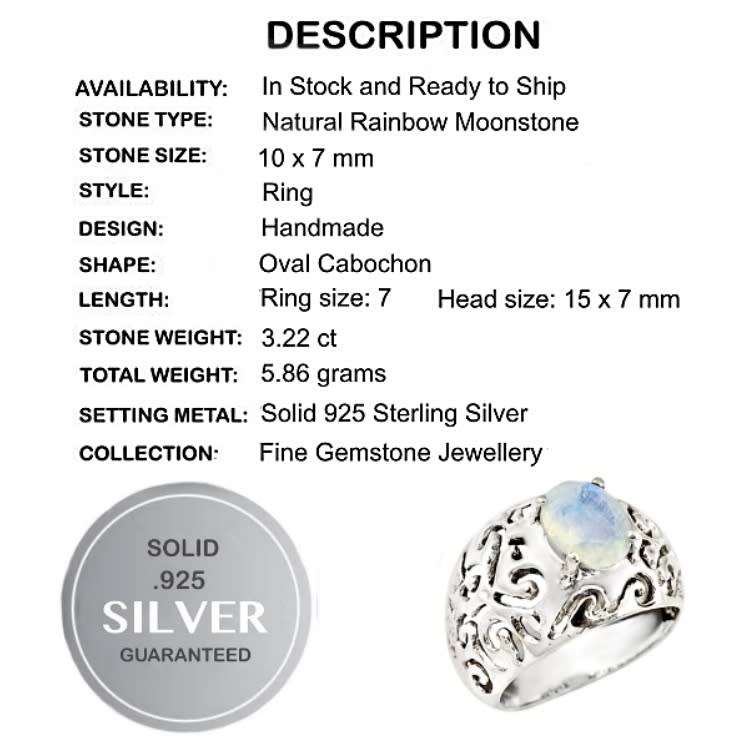 Indonesian Bali- Java Natural Rainbow Moonstone Solid .925 Sterling Silver Ring Size US 7 or O