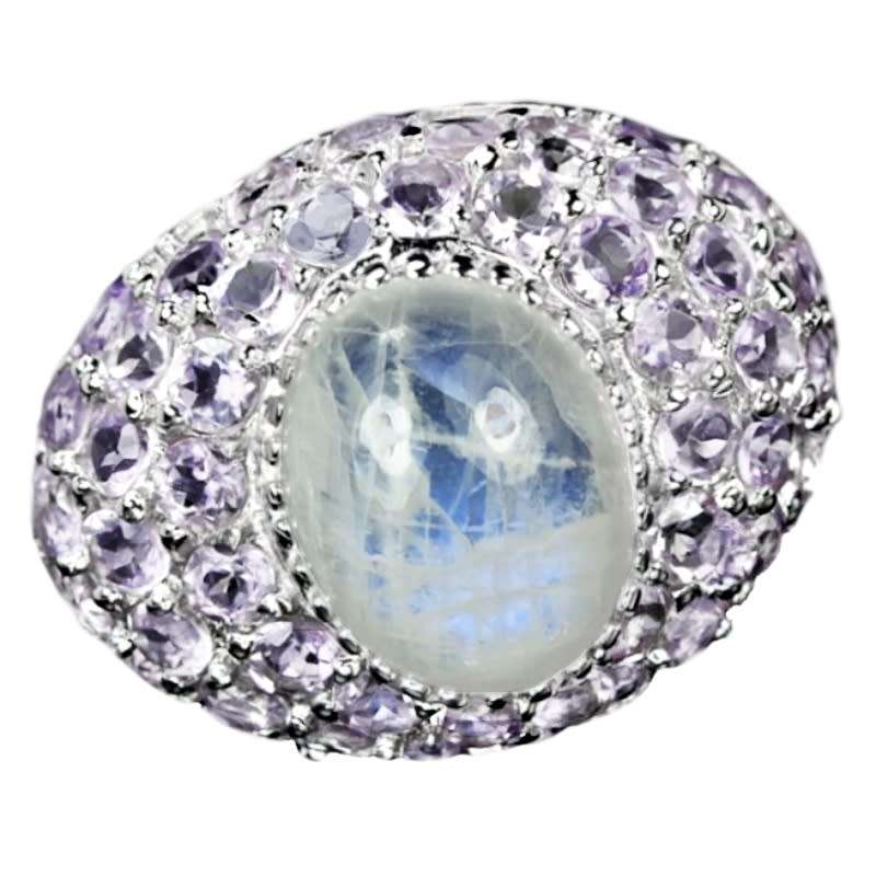 3.22 cts Natural Rainbow Moonstone, Purple Amethyst Solid .925 Silver Ring Size 8.5 or Q1/2