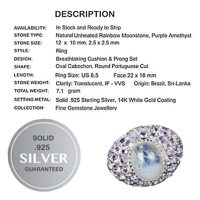 3.22 cts Natural Rainbow Moonstone, Purple Amethyst Solid .925 Silver Ring Size 8.5 or Q1/2
