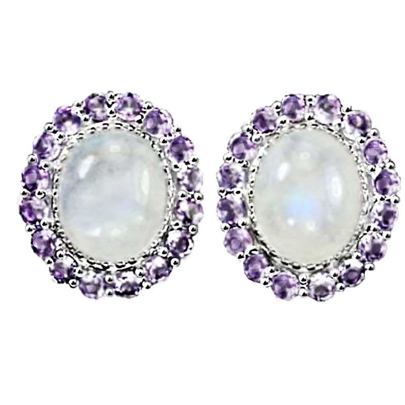 3.22 cts Natural Rainbow Moonstone, Purple Amethyst Solid .925 Silver Ring Size 8.5 or Q1/2