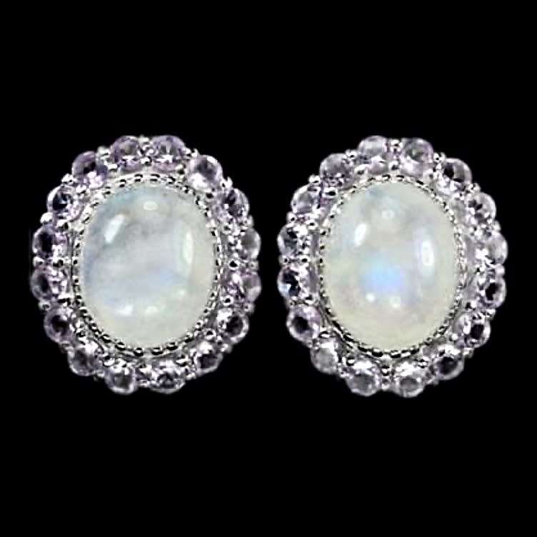 Deluxe Natural Blue Schiller Moonstone, Purple Amethyst Gemstone Solid .925 Silver 14K White Gold Ea
