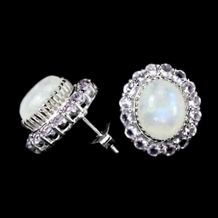 Deluxe Natural Blue Schiller Moonstone, Purple Amethyst Gemstone Solid .925 Silver 14K White Gold Ea