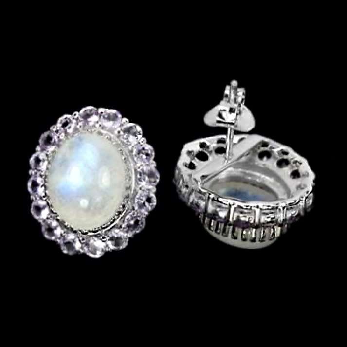 Deluxe Natural Blue Schiller Moonstone, Purple Amethyst Gemstone Solid .925 Silver 14K White Gold Ea