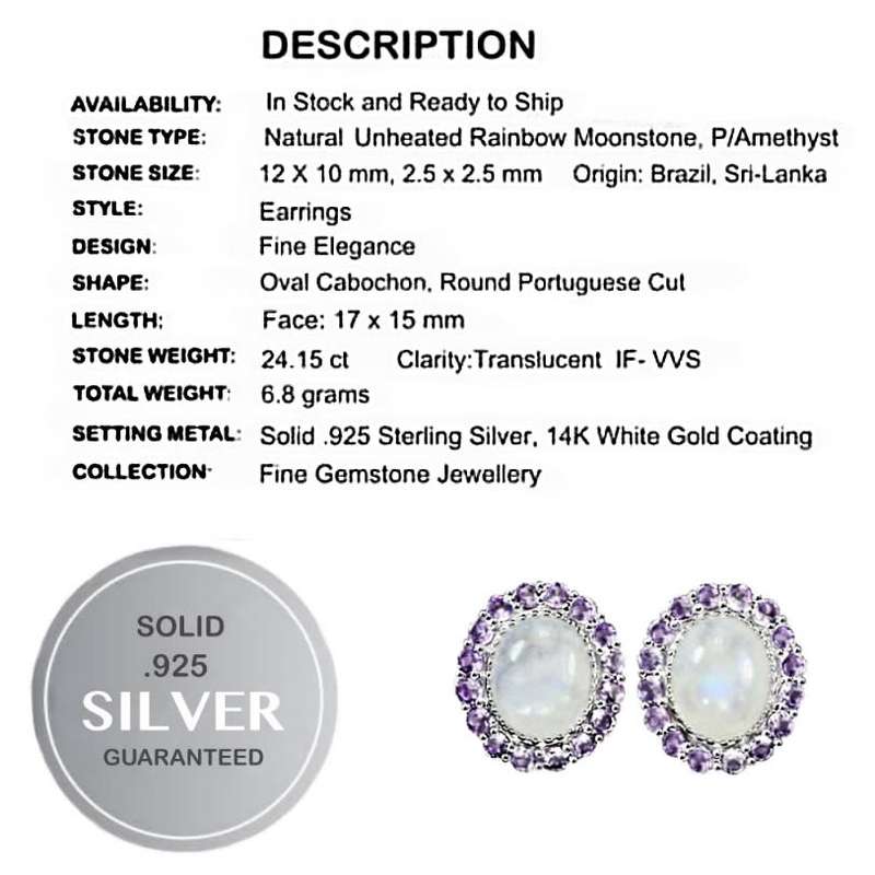 Deluxe Natural Blue Schiller Moonstone, Purple Amethyst Gemstone Solid .925 Silver 14K White Gold Ea
