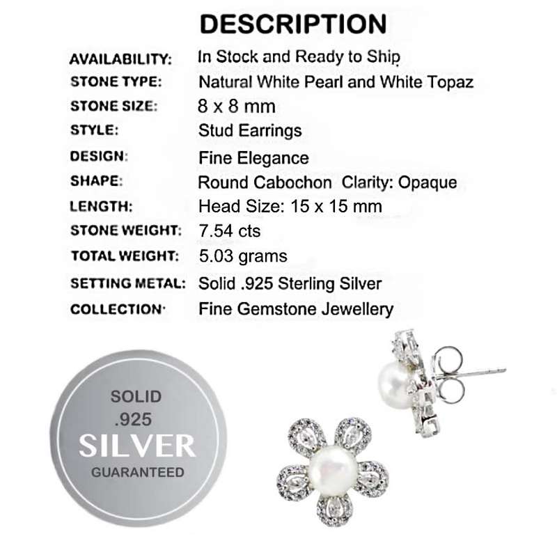 7.54 cts Natural White Pearl, White Topaz  set in Solid .925 Sterling Silver Earrings