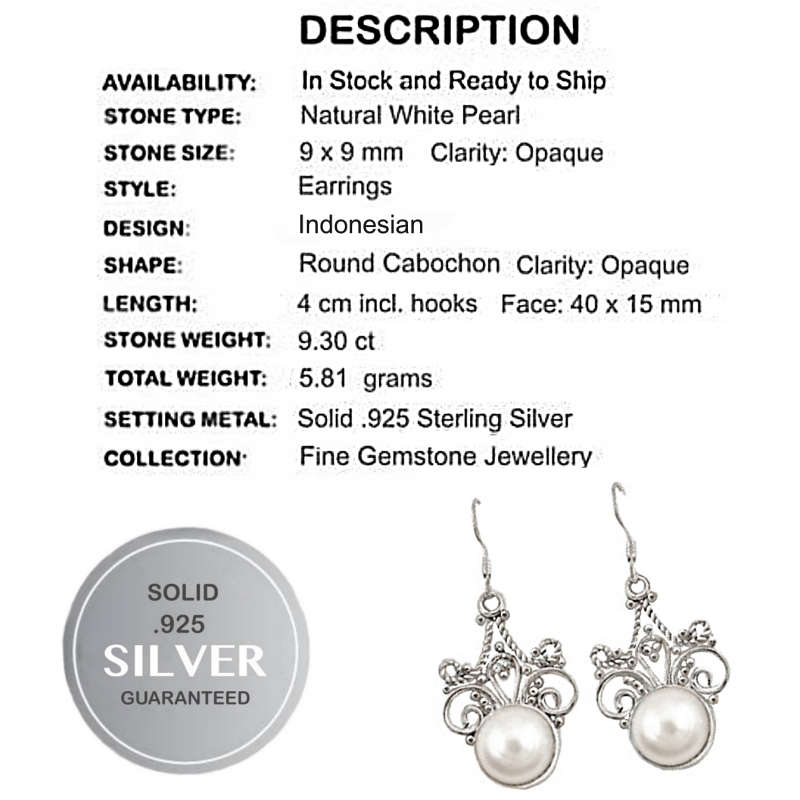 Indonesian Bali -Java 9.30 cts Natural White Pearl set in Solid .925 Sterling Silver Earrings