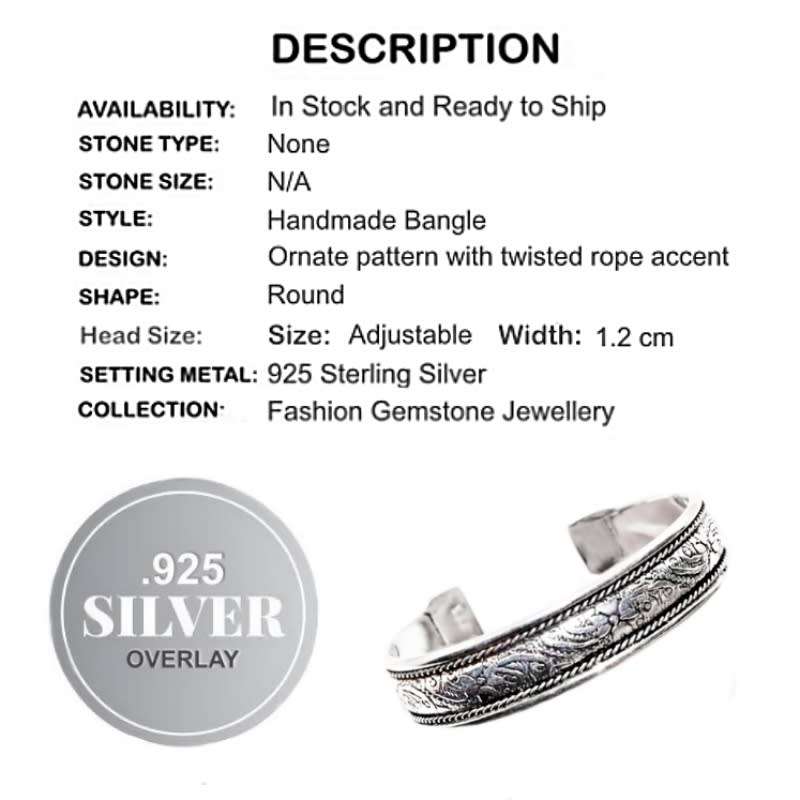Ornate Pattern set in  .925 Sterling Silver Plated Handmade Adjustable Bangle