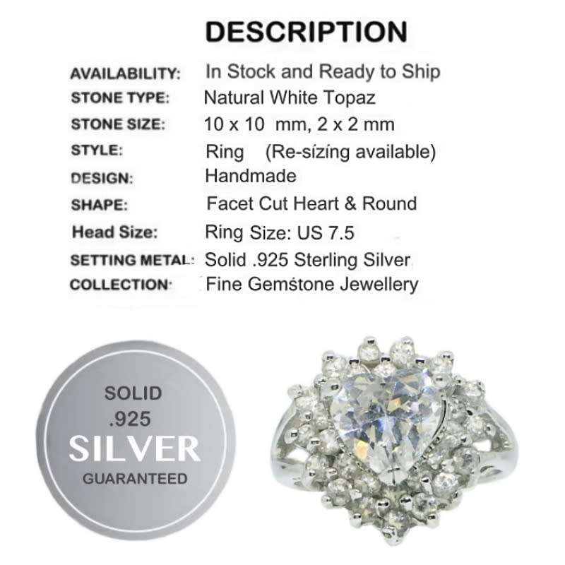 Handmade Natural White Topaz Gemstone in Solid .925 Sterling Silver Ring Size 7.5 or P