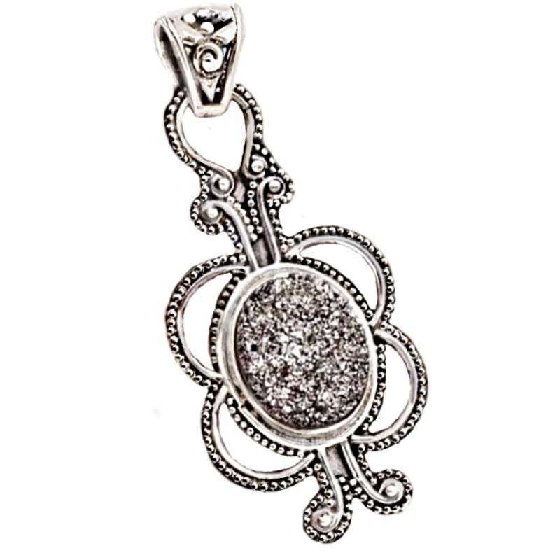 4.28 cts Natural Sunshine Druzy set in Solid .925 Sterling Silver Victorian Style Pendant