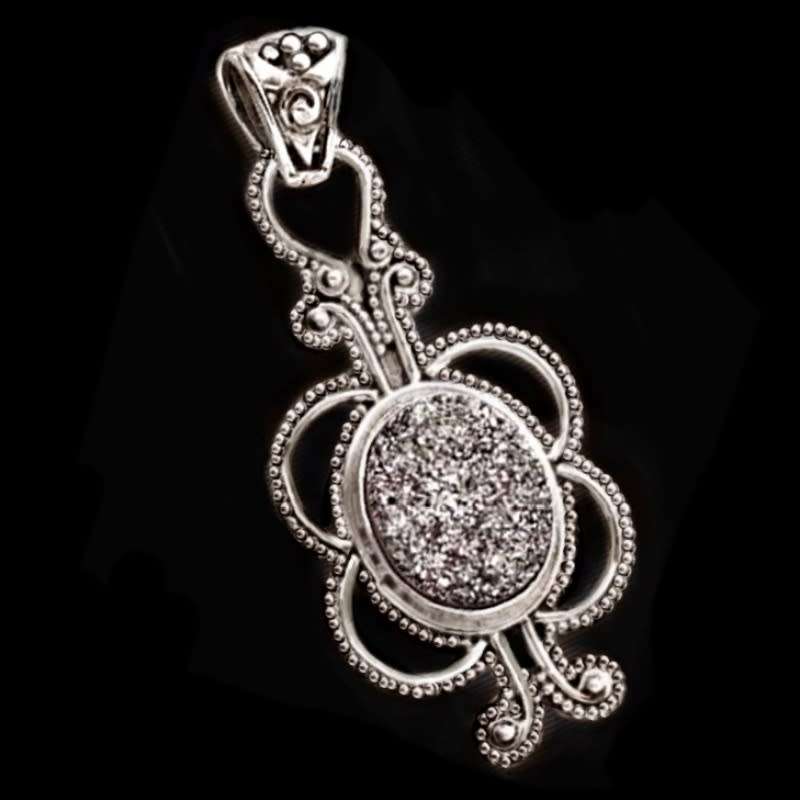 4.28 cts Natural Sunshine Druzy set in Solid .925 Sterling Silver Victorian Style Pendant
