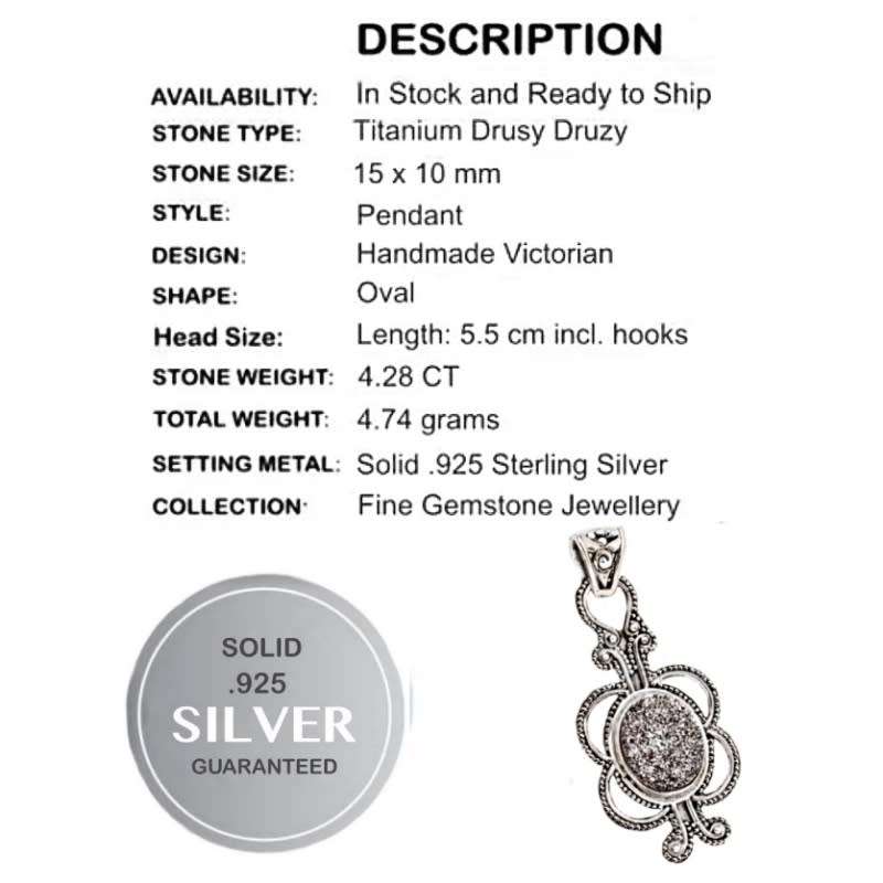 4.28 cts Natural Sunshine Druzy set in Solid .925 Sterling Silver Victorian Style Pendant