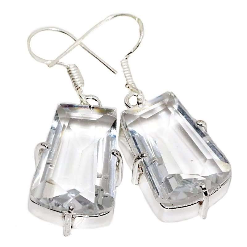 White Topaz Geometric Facet Cut set in .925 Sterling Silver Plated Handmade Earrings