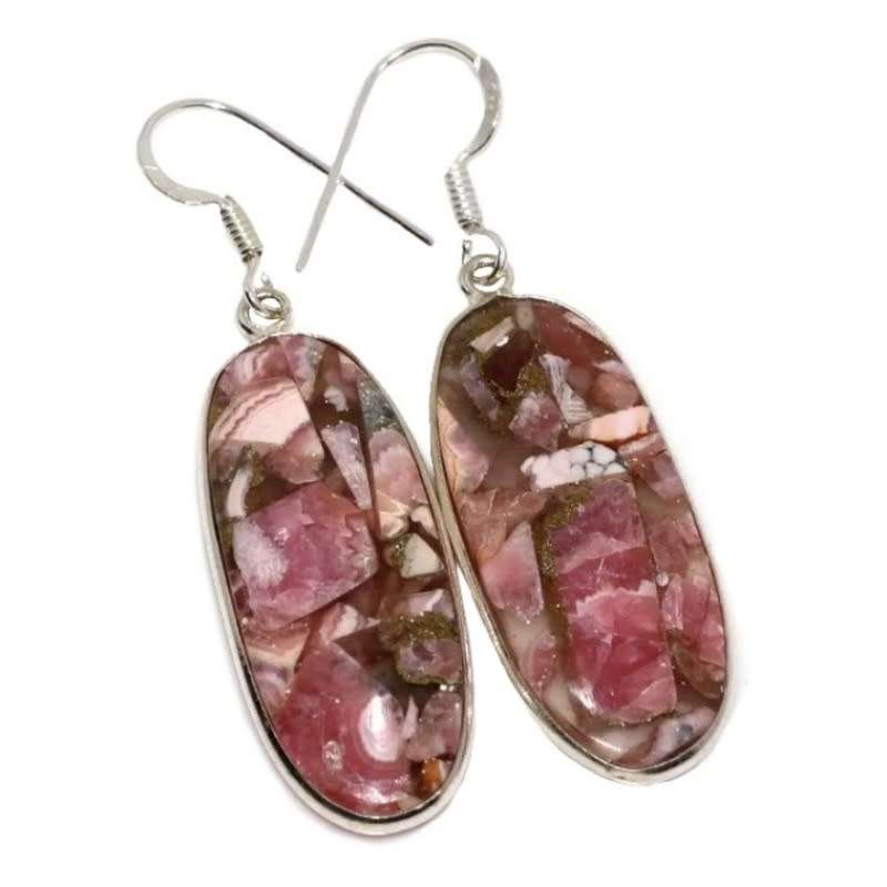 Natural Copper Rhodochrosite Gemstone set in .925 Sterling Silver Plated Handmade Earrings
