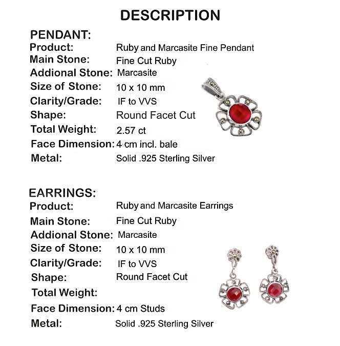 2.57 cts Pink Red Ruby and Marcasite in Solid .925 Sterling Silver Pendant & Earrings Set