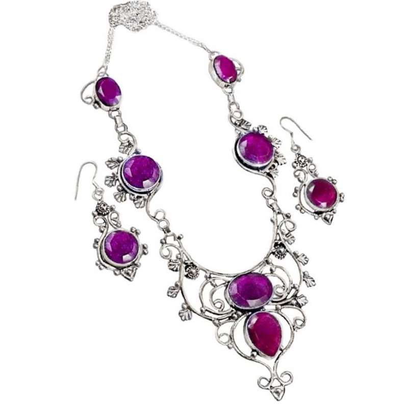 Indian Cherry Ruby Gemstone set in .925 Sterling Silver Plated Handmade Necklace and Earrings Set
