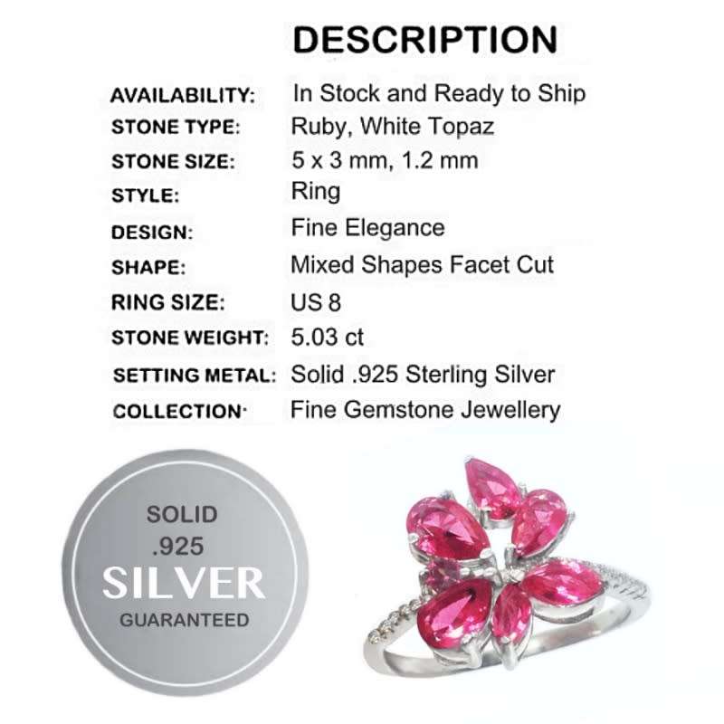 5.03 Cts Pink Red Ruby,and White Topaz set in .925 Solid Sterling Silver Ring Size 8 or Q