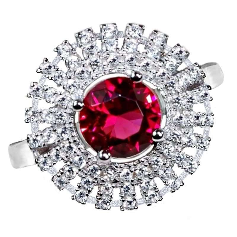 1 Cts Ruby, White Topaz Gemstones set in Solid 925 Sterling Silver Glamourous Ring Size 8 or Q
