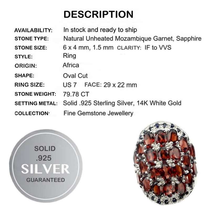 79.78 Cts Mozambique Garnet, Sapphire Solid set in Solid 925 Sterling Silver Ring Size 7 or O