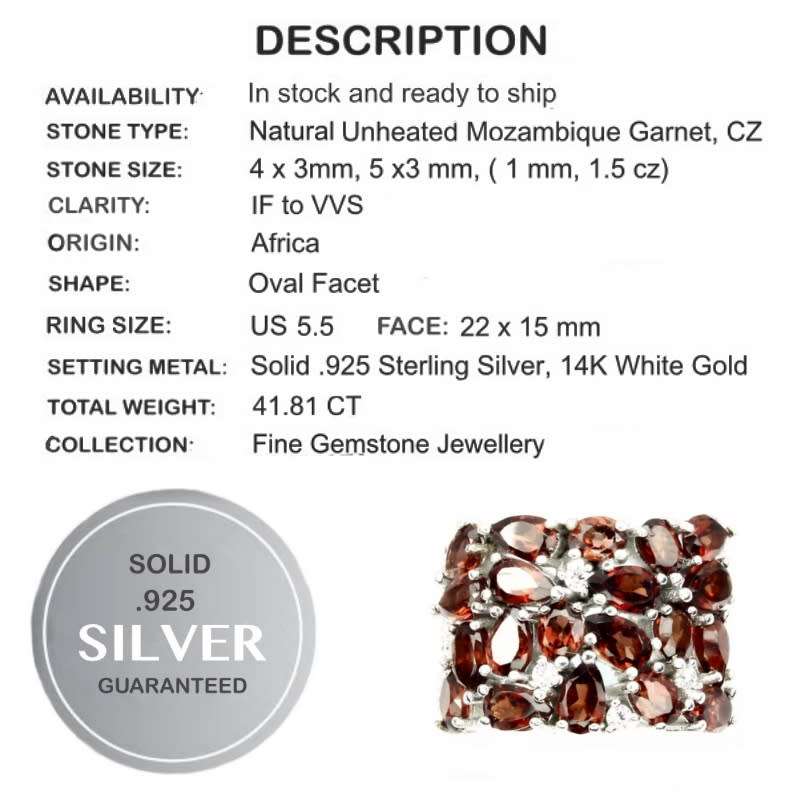 41.81 cts Natural Mozambique Garnet Solid 925 Sterling Silver Ring Size 5.5 - Resizable
