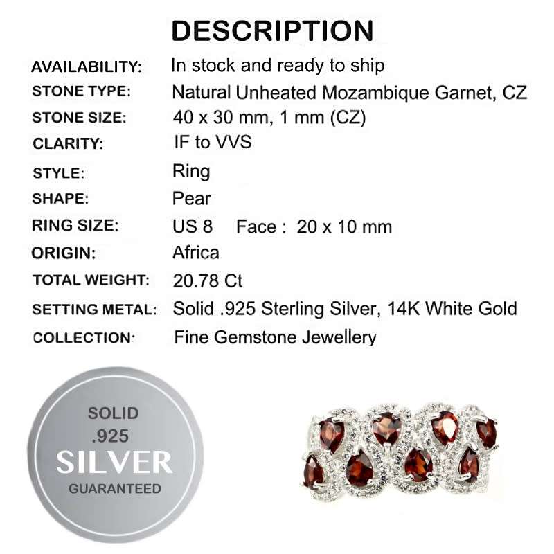 20.78 cts Natural Mozambique Garnet, White Cubic Zirconia Solid 925 Sterling Silver Ring Size 8 OR Q