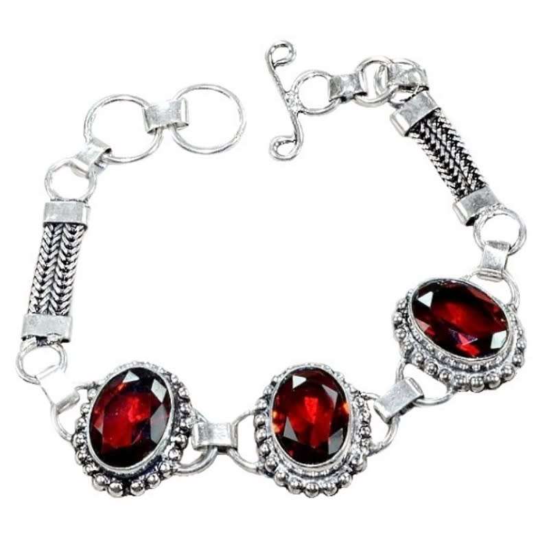 Deep Red Garnet Oval Gemstones set in .925 Sterling Silver Plated Handmade Bracelet