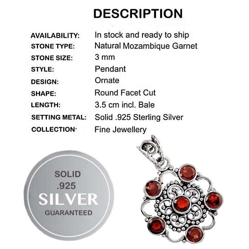 Indonesian Bali -Java  Natural Mozambique Garnet Solid .925 Sterling Silver Pendant