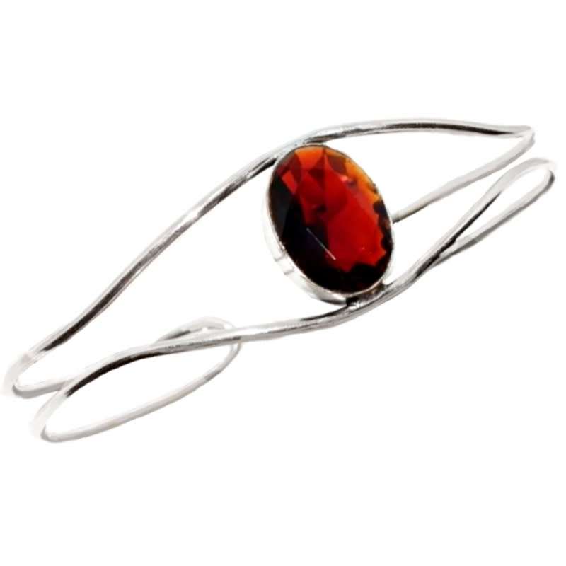 Faceted Garnet Oval Gemstone set in .925 Sterling Silver Plated Handmade Adjustable Bangle