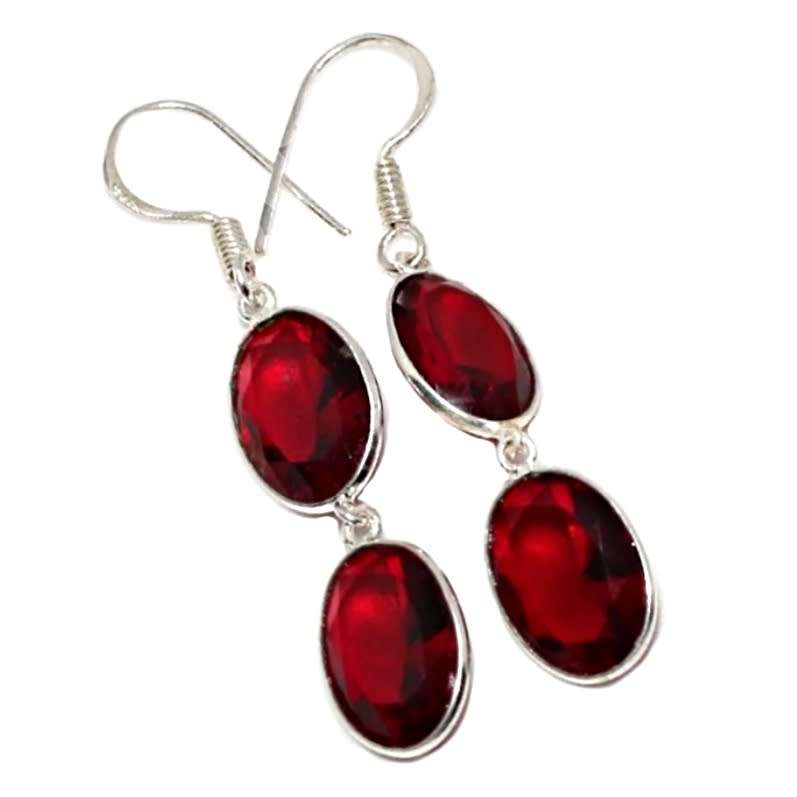 Faceted Garnet Oval Gemstones set in .925 Sterling Silver Plated Handmade Earrings
