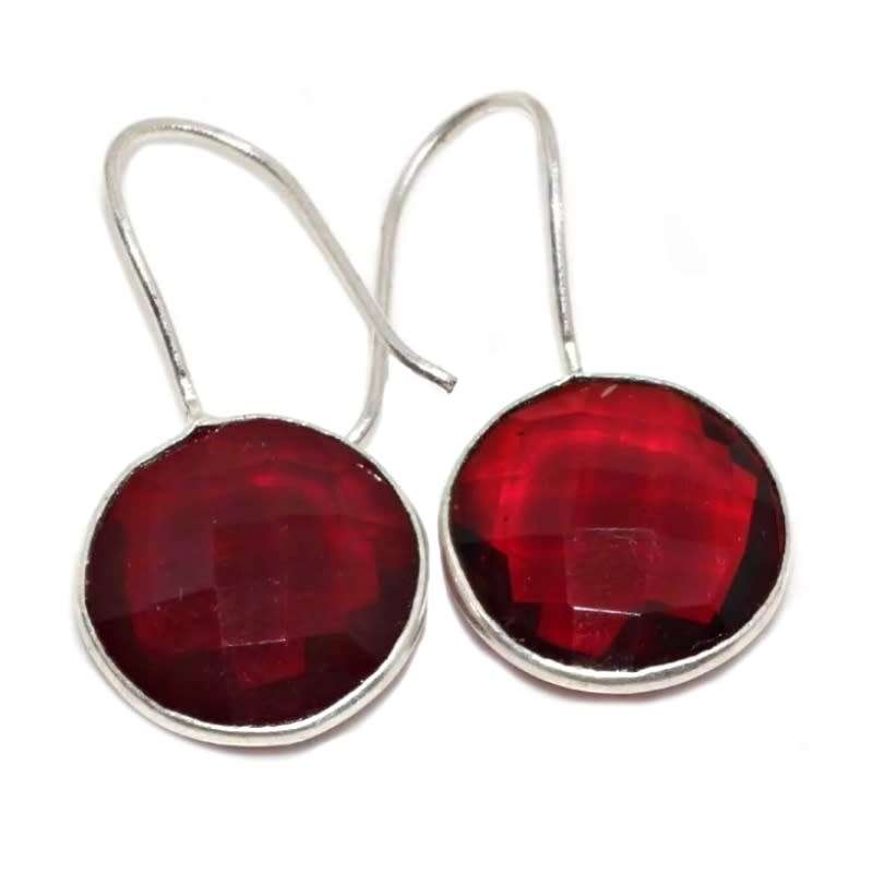 Round Faceted Garnet Gemstone set in .925 Sterling Silver  Plated Handmade Earrings