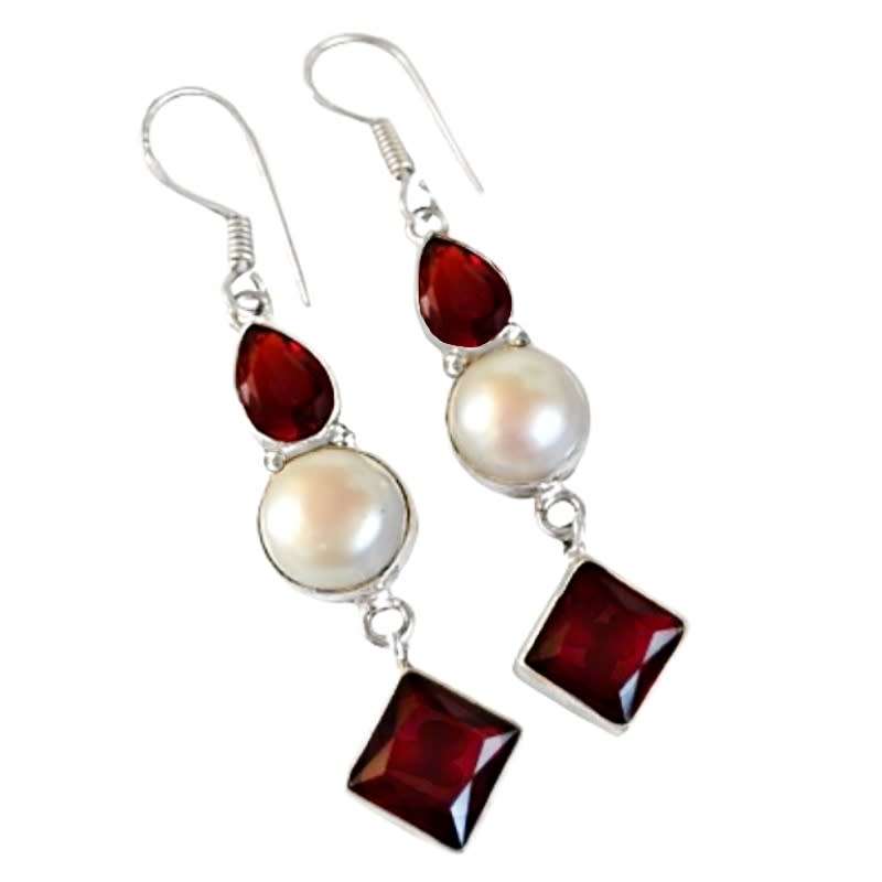 Deep Red Garnet And White River Pearl Set in .925 Sterling Silver Plated Handmade Earrings