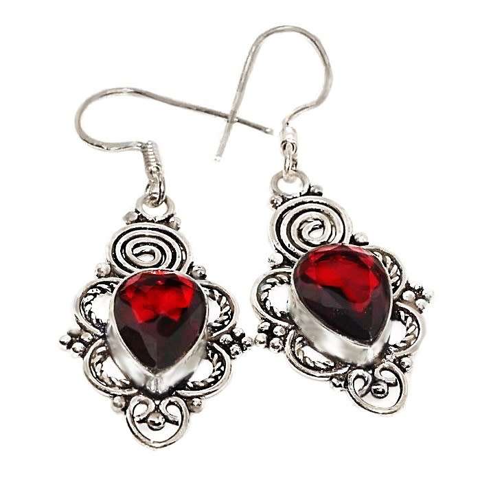 Indonesia Bali-Java Handmade Garnet Pear Shape Gemstone .925 Sterling Silver Plated Earrings