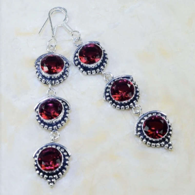 Handmade Raspberry Pink Rubellite Gemstone set in .925 Sterling Silver Plated Long Earrings