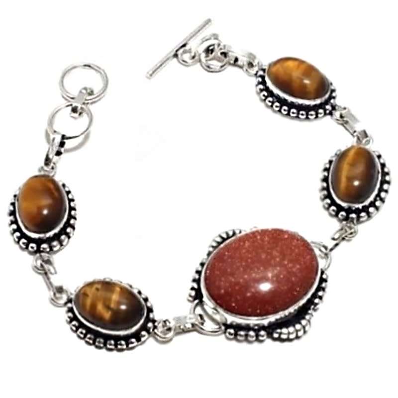 Natural Tigers Eye and Gold Sandstone set in .925 Sterling Silver Plated Handmade Bracelet