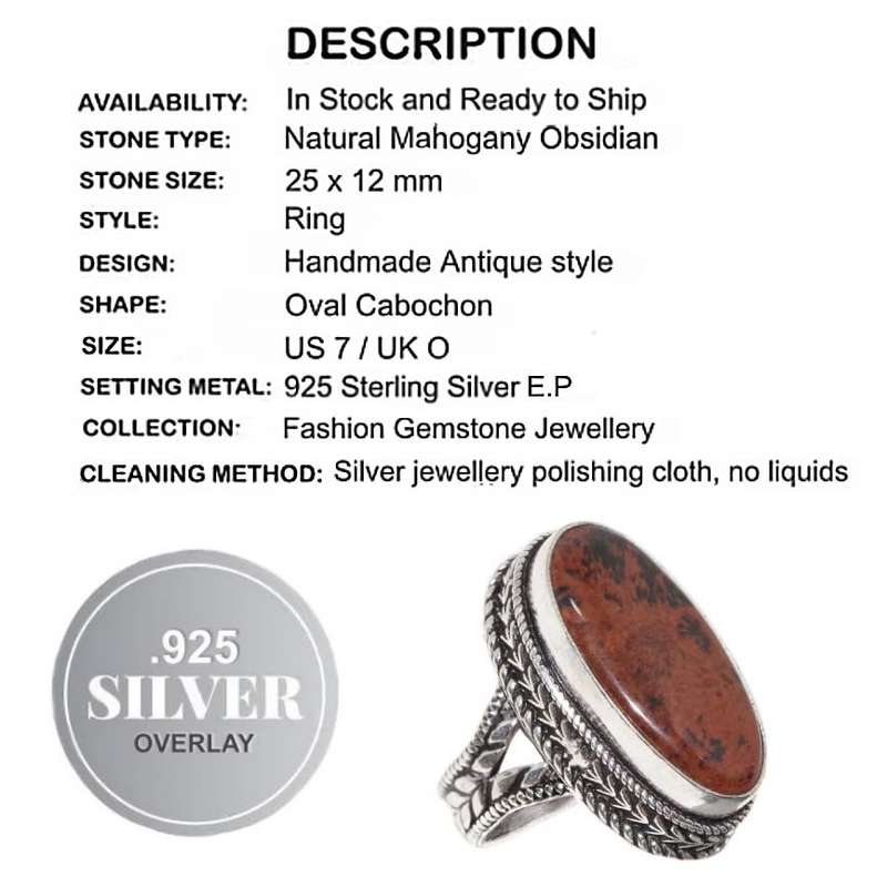Natural Mahogany Obsidian Gemstone .925 Sterling Silver Plated Handmade Ring Size US 7/ UK O