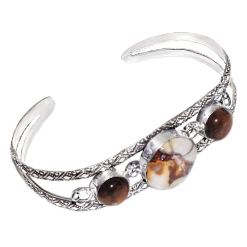 Natural Rock Fossil, Tigers Eye Gemstone .925 Sterling Silver Plated Adjustable Cuff Bangle