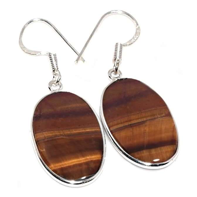 Natural Tigers Eye Oval Gemstone set in .925 Sterling Silver Plated Handmade Earrings