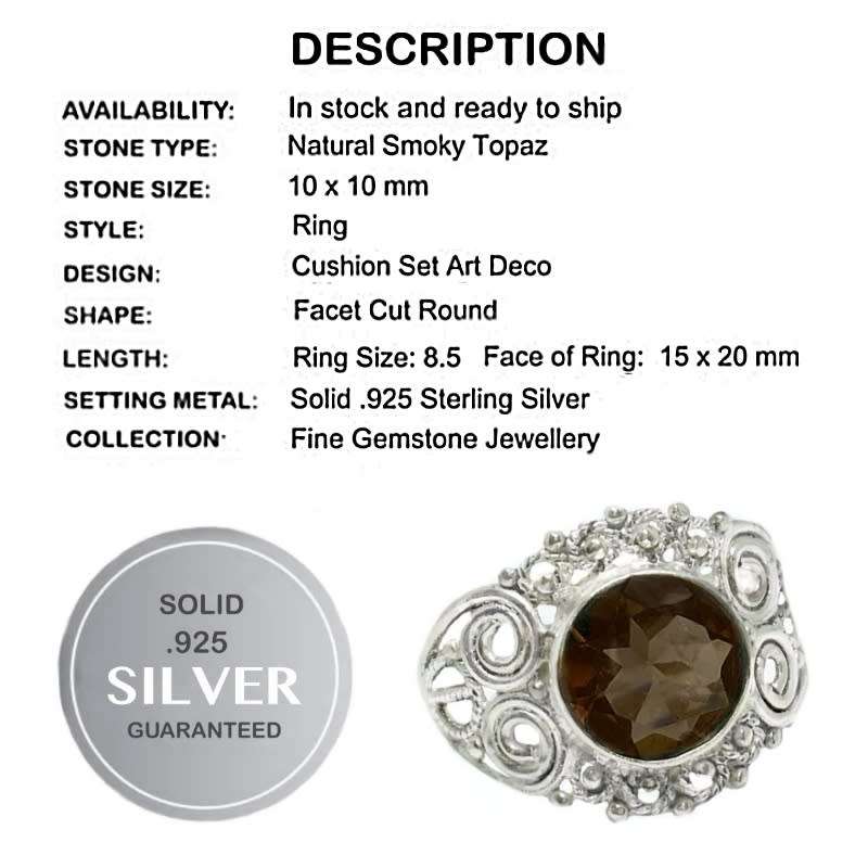 Indonesian Bali-Java Natural Smoky Topaz set in Solid .925 Sterling Silver Ring Size 8.5 or Q 1/2