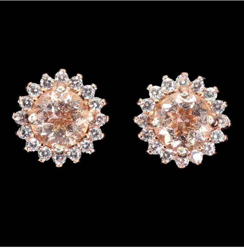 Dainty Natural Unheated Morganite and White Cubic Zirconia Solid .925 Sterling Silver Stud Earrings