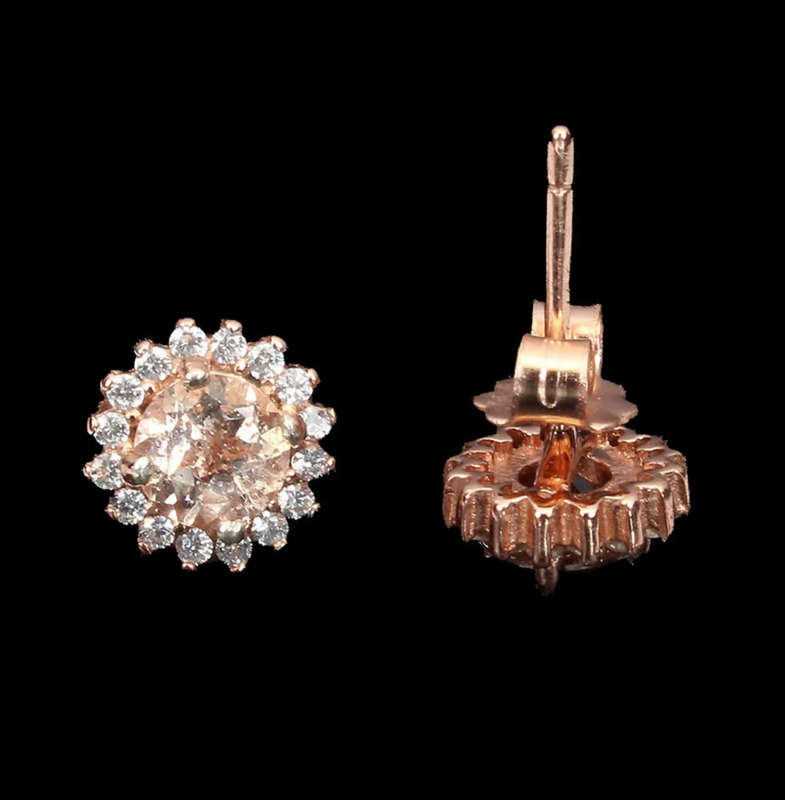 Dainty Natural Unheated Morganite and White Cubic Zirconia Solid .925 Sterling Silver Stud Earrings