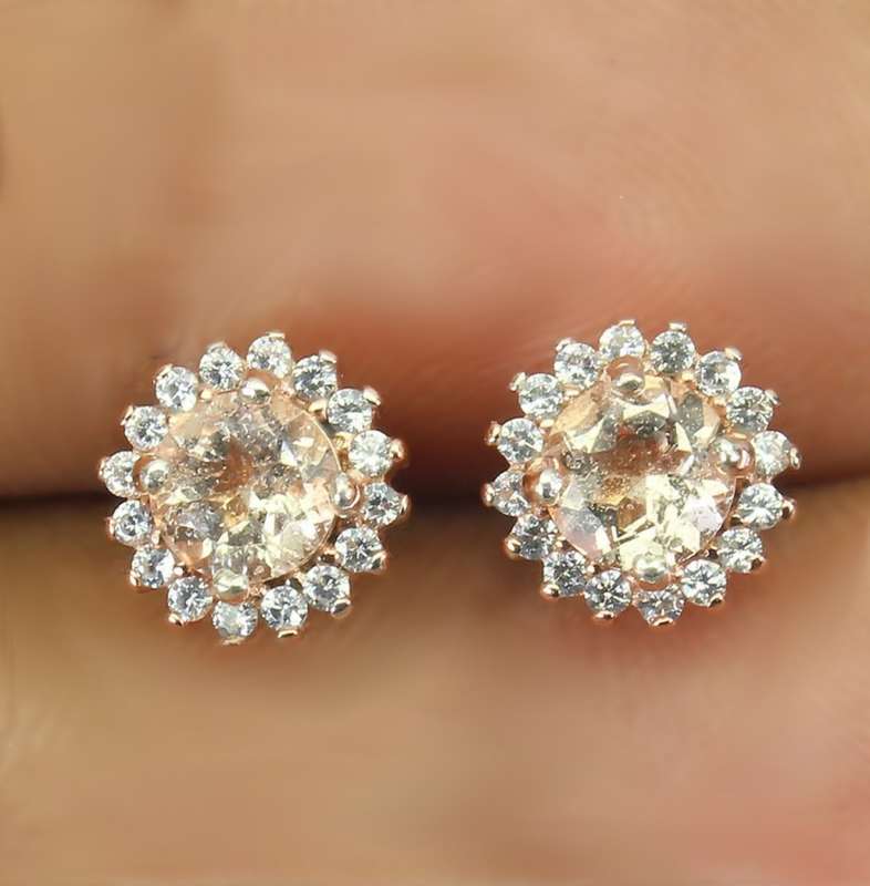 Dainty Natural Unheated Morganite and White Cubic Zirconia Solid .925 Sterling Silver Stud Earrings