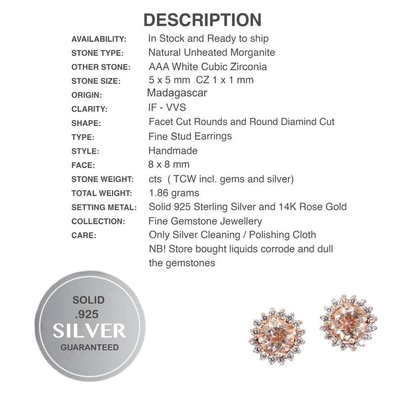 Dainty Natural Unheated Morganite and White Cubic Zirconia Solid .925 Sterling Silver Stud Earrings