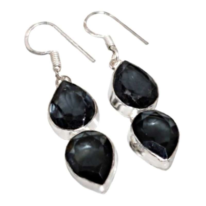 Black Spinel Pear Shapes set in .925 Sterling Silver Plated Handmade Earrings
