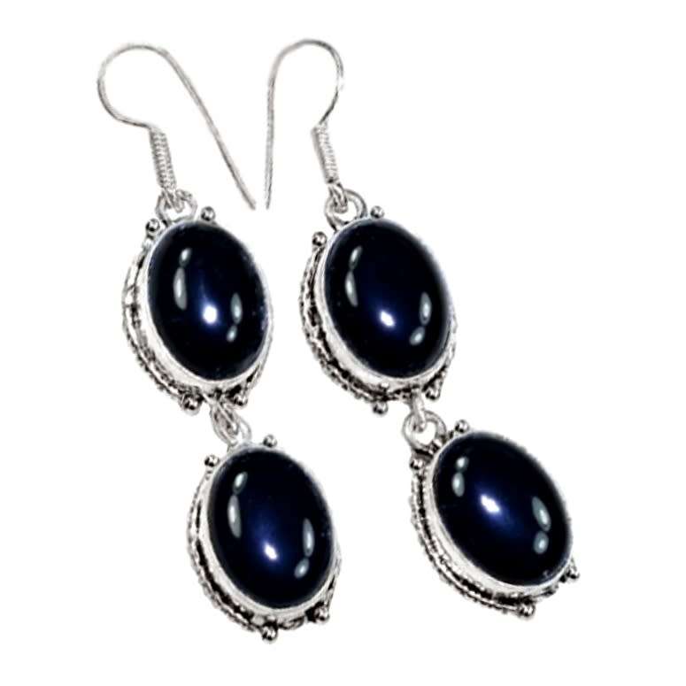 Natural Black Onyx Ovals set in .925 Sterling Silver Plated Antique Style Earrings