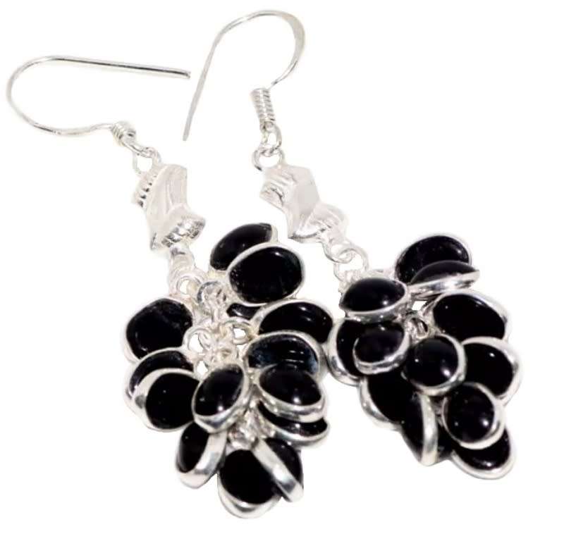 Black Onyx Oval Clusters  set in .925 Sterling Silver Plated Handmade Earrings